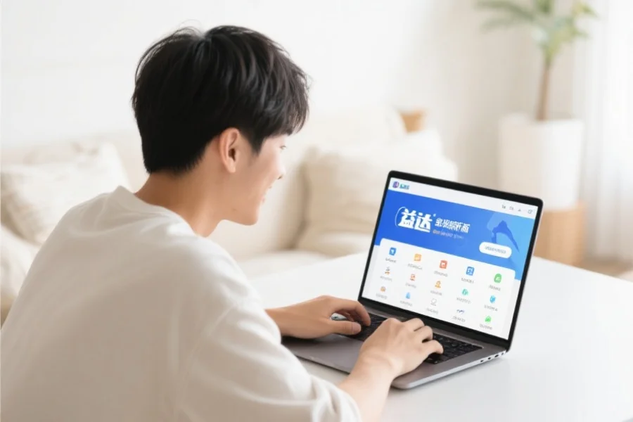 一位年轻用户在明亮舒适的室内环境中愉快地使用笔记本电脑，屏幕上展示汇赢客户端新版界面